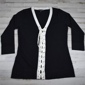 Y2K style Boston Proper black/white lace up 3/4 sleeve sweater top size small